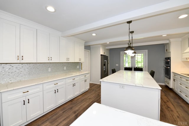 2130 Burnt Bridge Rd, Lynchburg, VA 24503 - kitchen with backsplash, a kitchen island, dark wood-type flooring, beam ceiling, and white cabinetry