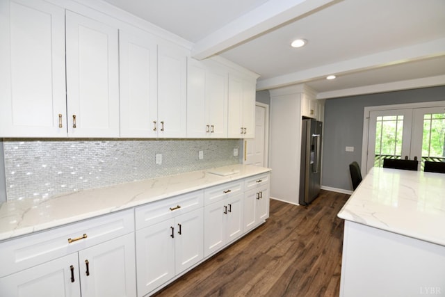 2130 Burnt Bridge Rd, Lynchburg, VA 24503 - kitchen with stainless steel refrigerator with ice dispenser, french doors, beam ceiling, dark wood-type flooring, and white cabinetry