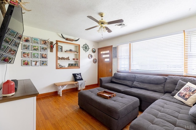 4100 Roark Mill Rd, Hurt, VA 24563 - living area with ceiling fan, a textured ceiling, and light wood-type flooring