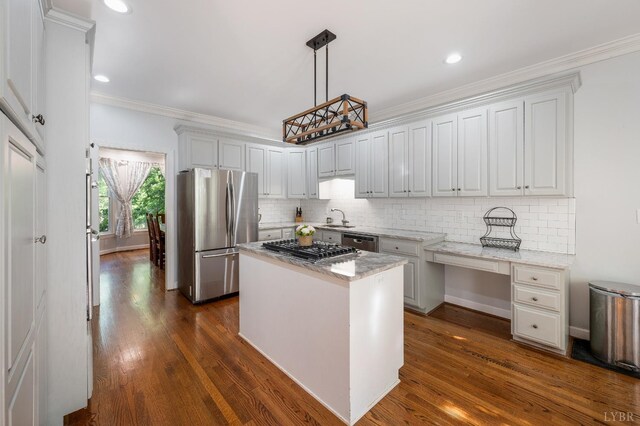 1068 Huckleberry Ln, Lynchburg, VA 24503 - kitchen with appliances with stainless steel finishes, ornamental molding, decorative backsplash, dark wood finished floors, and a sink
