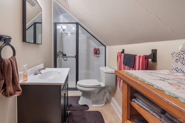 500 Leftwich St, Gretna, VA 24557 - bathroom with vanity, a shower stall, toilet, tile patterned flooring, and vaulted ceiling