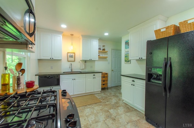 1426 Nelson Dr, Lynchburg, VA 24502 - kitchen featuring black appliances, dark countertops, white cabinetry, open shelves, and recessed lighting