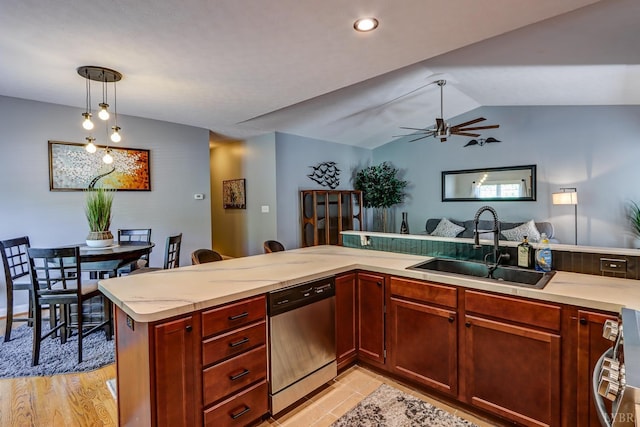 206 Bella Ct, Lynchburg, VA 24502 - kitchen featuring lofted ceiling, a sink, stainless steel dishwasher, light countertops, and a ceiling fan
