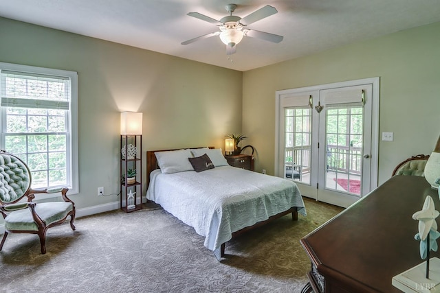 206 Bella Ct, Lynchburg, VA 24502 - bedroom with access to outside, dark colored carpet, a ceiling fan, and baseboards