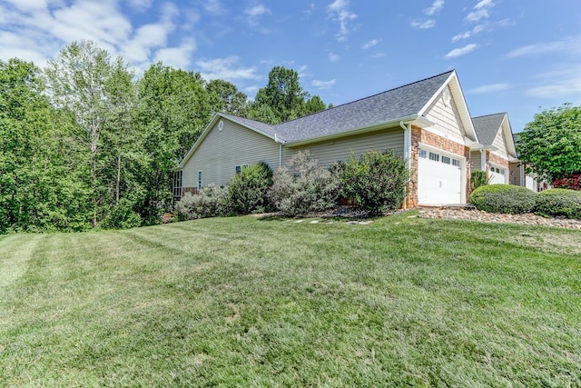 206 Bella Ct, Lynchburg, VA 24502 - view of side of property with a garage, roof with shingles, a yard, and stone siding