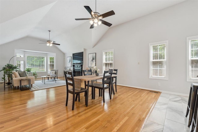 112 Cedarwood Ct, Forest, VA 24551 - dining space with a ceiling fan, vaulted ceiling, and baseboards
