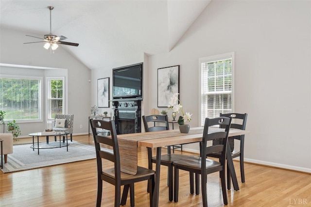 112 Cedarwood Ct, Forest, VA 24551 - dining area featuring ceiling fan, light wood-style flooring, high vaulted ceiling, and baseboards