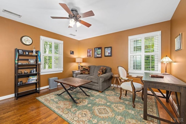 4936 Mountain Laurel Dr, Lynchburg, VA 24503 - living area featuring ceiling fan, wood finished floors, baseboards, and an office area