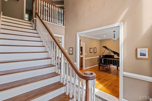4936 Mountain Laurel Dr, Lynchburg, VA 24503 - stairs with baseboards, wood finished floors, and crown molding