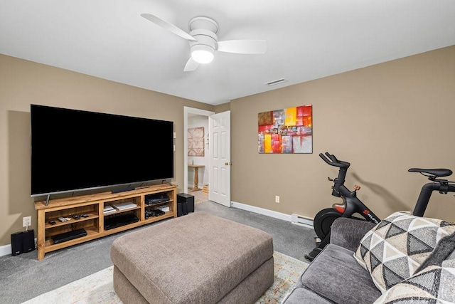 4936 Mountain Laurel Dr, Lynchburg, VA 24503 - living area with a ceiling fan, carpet, a baseboard heating unit, and baseboards