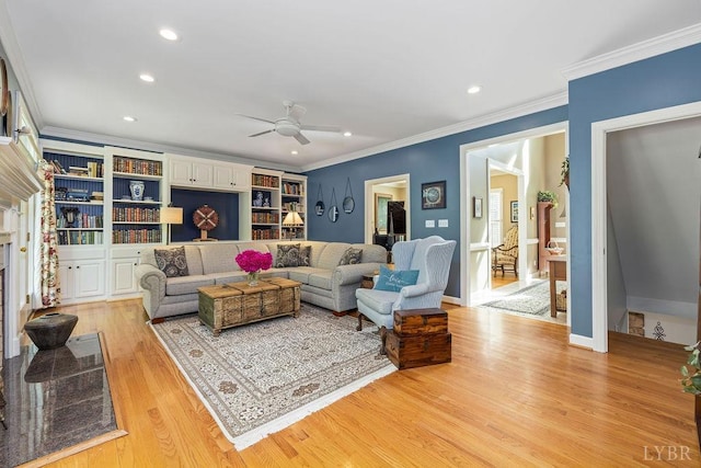 4936 Mountain Laurel Dr, Lynchburg, VA 24503 - living area featuring ceiling fan, recessed lighting, light wood-type flooring, and crown molding