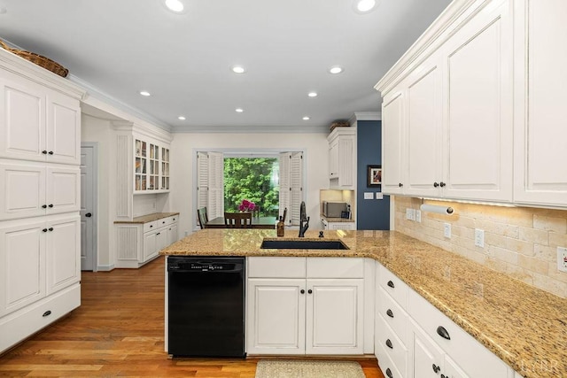 4936 Mountain Laurel Dr, Lynchburg, VA 24503 - kitchen with dishwasher, a sink, a peninsula, white cabinetry, and light stone counters