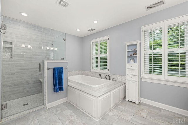4936 Mountain Laurel Dr, Lynchburg, VA 24503 - bathroom featuring a bath, baseboards, a stall shower, marble finish flooring, and recessed lighting