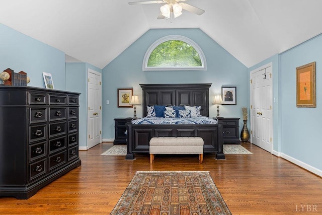 4936 Mountain Laurel Dr, Lynchburg, VA 24503 - bedroom with wood finished floors, lofted ceiling, a ceiling fan, and baseboards