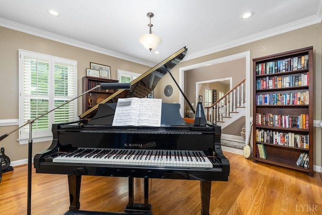 4936 Mountain Laurel Dr, Lynchburg, VA 24503 - sitting room with baseboards, light wood-style floors, crown molding, recessed lighting, and stairway