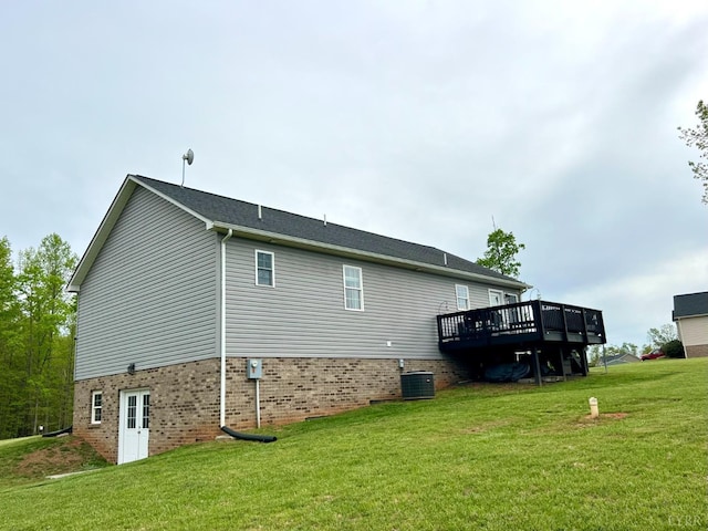 605 Beeks Ln, Spout Spring, VA 24593 - view of side of home featuring a wooden deck, a yard, cooling unit, and brick siding