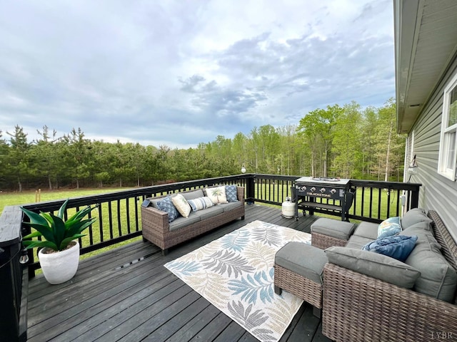 605 Beeks Ln, Spout Spring, VA 24593 - deck featuring outdoor lounge area, a wooded view, a lawn, and grilling area