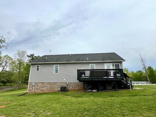 605 Beeks Ln, Spout Spring, VA 24593 - rear view of house featuring central air condition unit, a wooden deck, a yard, and stairway