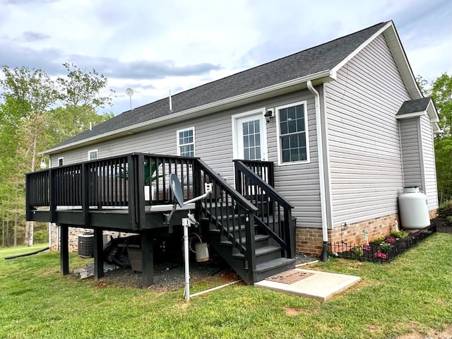 605 Beeks Ln, Spout Spring, VA 24593 - rear view of house with cooling unit, a wooden deck, a lawn, and a shingled roof