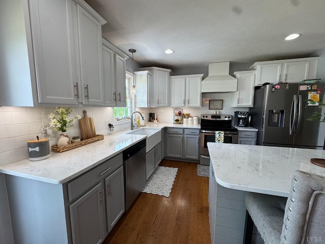 605 Beeks Ln, Spout Spring, VA 24593 - kitchen with appliances with stainless steel finishes, custom range hood, gray cabinetry, a sink, and dark wood finished floors