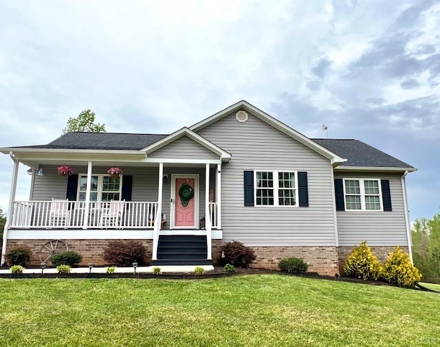605 Beeks Ln, Spout Spring, VA 24593 - ranch-style house with covered porch, a front yard, and roof with shingles