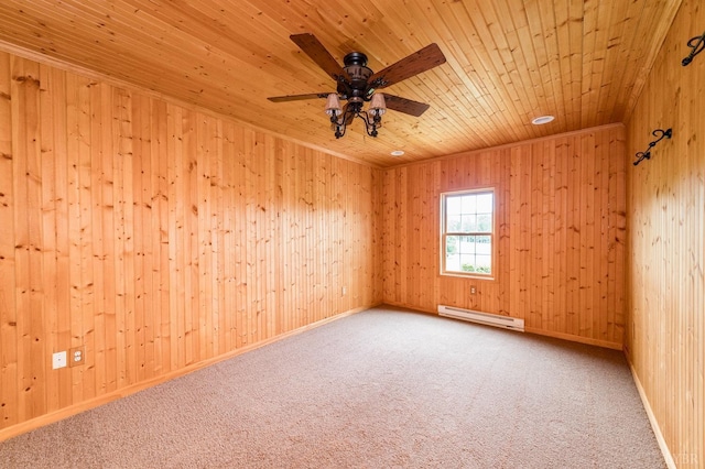 126 Golf Course Trl, Amherst, VA 24521 - spare room with baseboard heating, wooden ceiling, carpet floors, ceiling fan, and wood walls