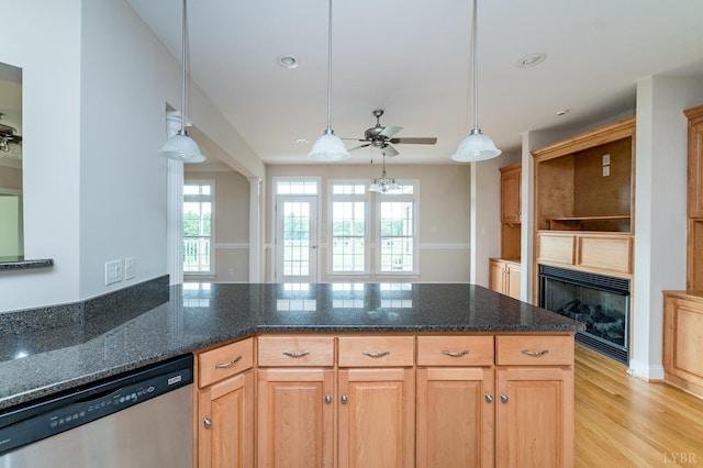 126 Golf Course Trl, Amherst, VA 24521 - kitchen featuring dishwasher, a fireplace, light wood-style flooring, dark stone counters, and recessed lighting