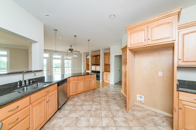 126 Golf Course Trl, Amherst, VA 24521 - kitchen with stainless steel dishwasher, light brown cabinets, a ceiling fan, dark stone counters, and recessed lighting