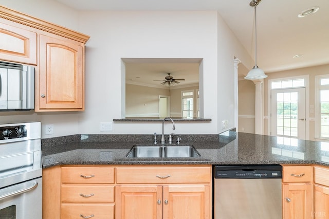 126 Golf Course Trl, Amherst, VA 24521 - kitchen with dishwasher, light brown cabinetry, ceiling fan, hanging light fixtures, and dark stone counters