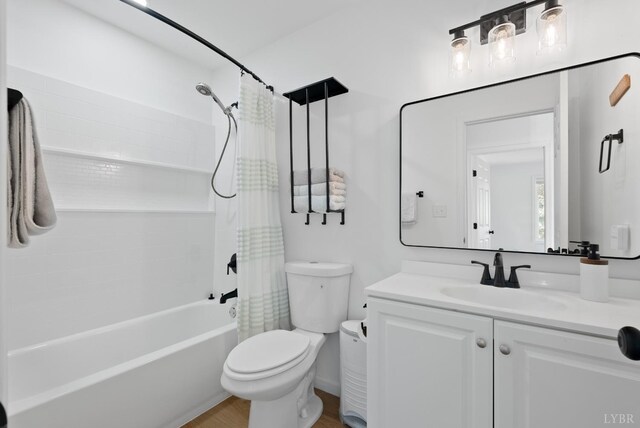 71 Patrick Ct, Madison Heights, VA 24572 - full bath with toilet, vanity, shower / bath combo with shower curtain, and wood finished floors