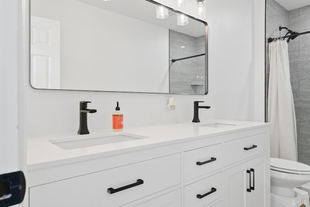 71 Patrick Ct, Madison Heights, VA 24572 - full bathroom featuring toilet, double vanity, and curtained shower