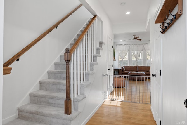 71 Patrick Ct, Madison Heights, VA 24572 - stairway with ceiling fan, recessed lighting, baseboards, and wood finished floors