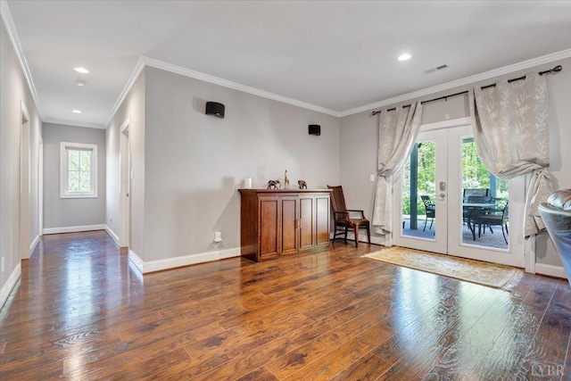 1037 Deer Hollow Rd, Forest, VA 24551 - sitting room with french doors, dark wood finished floors, ornamental molding, baseboards, and recessed lighting