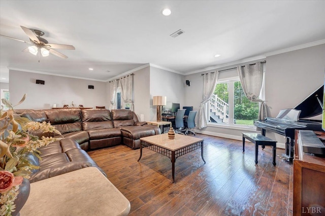 1037 Deer Hollow Rd, Forest, VA 24551 - living room featuring wood finished floors, ceiling fan, recessed lighting, crown molding, and baseboards