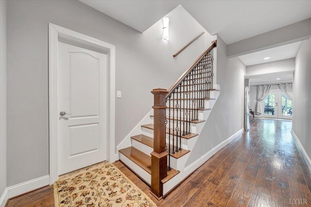 1037 Deer Hollow Rd, Forest, VA 24551 - staircase with wood-type flooring, baseboards, french doors, and recessed lighting