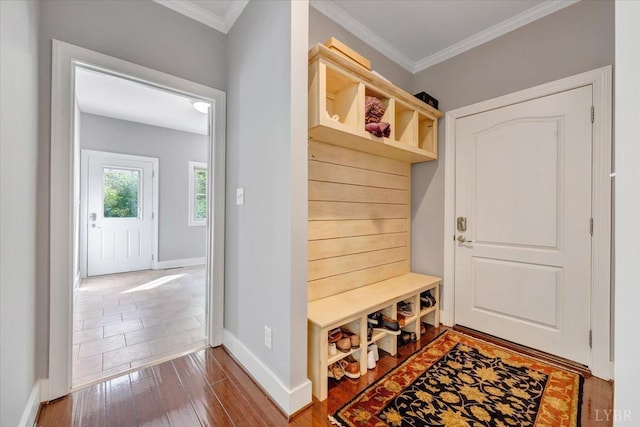 1037 Deer Hollow Rd, Forest, VA 24551 - mudroom with baseboards, wood finished floors, and crown molding
