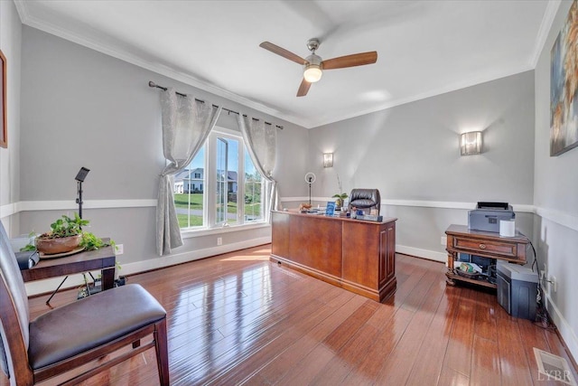 1037 Deer Hollow Rd, Forest, VA 24551 - home office with a ceiling fan, wood-type flooring, baseboards, and crown molding