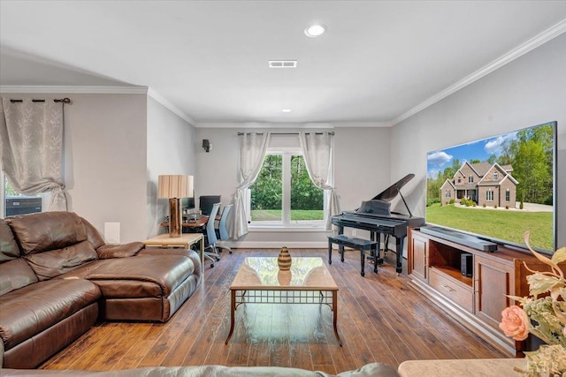 1037 Deer Hollow Rd, Forest, VA 24551 - living area featuring hardwood / wood-style flooring, crown molding, an office area, recessed lighting, and baseboards