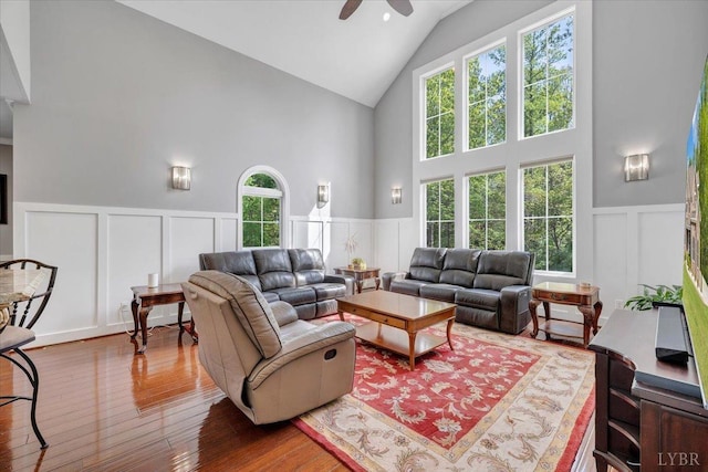 1037 Deer Hollow Rd, Forest, VA 24551 - living room featuring a decorative wall, high vaulted ceiling, healthy amount of natural light, ceiling fan, and wainscoting