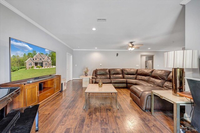 1037 Deer Hollow Rd, Forest, VA 24551 - living room with ceiling fan, dark wood-style flooring, crown molding, recessed lighting, and baseboards