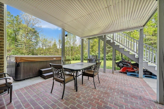 1037 Deer Hollow Rd, Forest, VA 24551 - view of patio featuring a hot tub, stairway, outdoor dining space, and a grill
