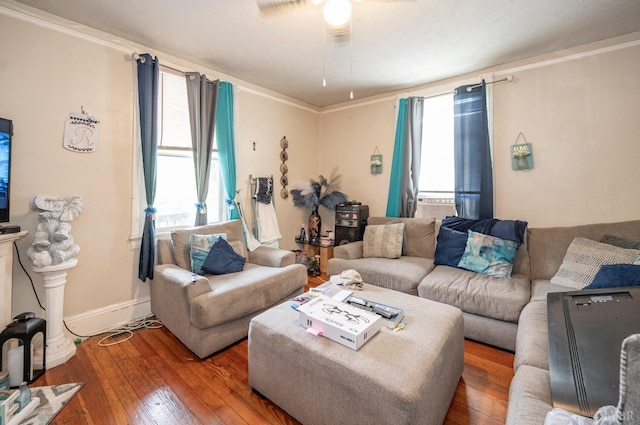 1706 Union St, Lynchburg, VA 24504 - living area featuring hardwood / wood-style floors, ceiling fan, healthy amount of natural light, crown molding, and baseboards