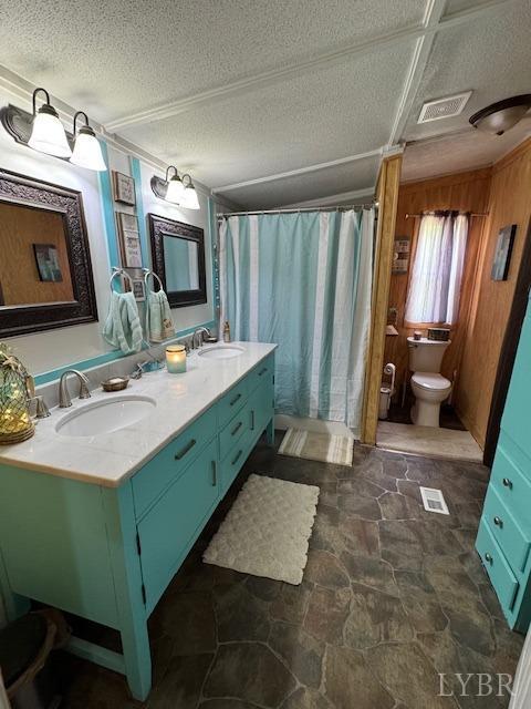 3164 Trent Hatchery Rd, Appomattox, VA 24522 - full bathroom featuring toilet, a textured ceiling, stone finish floors, double vanity, and curtained shower