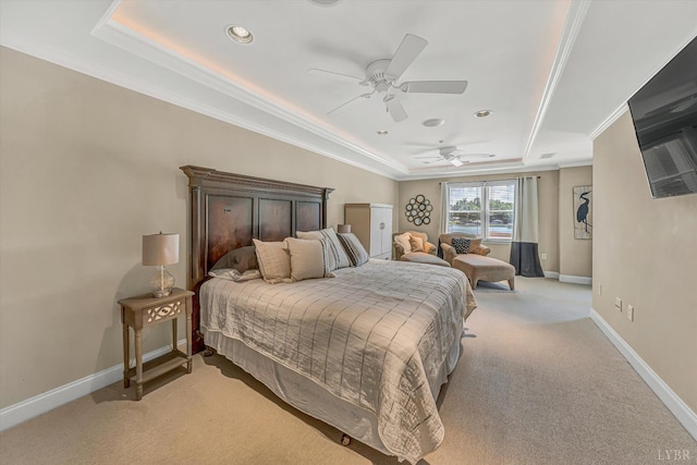 100 Bridgewater Pointe Pl Unit 201, Moneta, VA 24121 - bedroom featuring a raised ceiling, crown molding, light colored carpet, ceiling fan, and recessed lighting