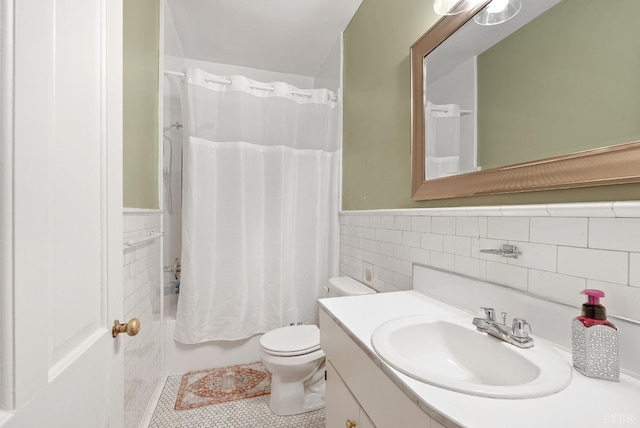 39 N Princeton, Lynchburg, VA 24503 - full bathroom with tile walls, a wainscoted wall, vanity, shower / tub combo with curtain, and tile patterned floors