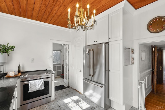 39 N Princeton, Lynchburg, VA 24503 - kitchen with stainless steel appliances, wooden ceiling, a chandelier, white cabinets, and hanging light fixtures