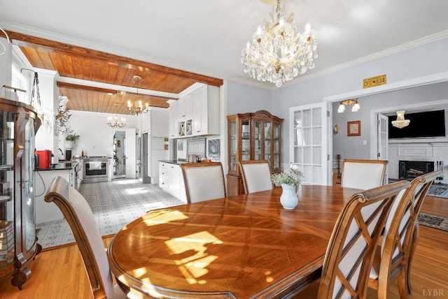 39 N Princeton, Lynchburg, VA 24503 - dining area with a chandelier, wooden ceiling, a fireplace, light wood-style flooring, and ornamental molding