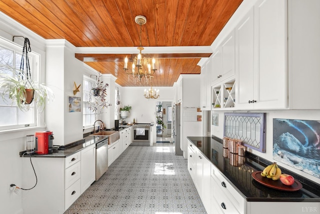 39 N Princeton, Lynchburg, VA 24503 - kitchen with wood ceiling, a chandelier, dark countertops, stainless steel dishwasher, and ornamental molding