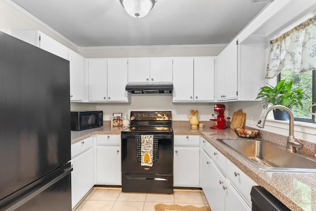 kitchen featuring black appliances, a sink, under cabinet range hood, and white cabinetry
