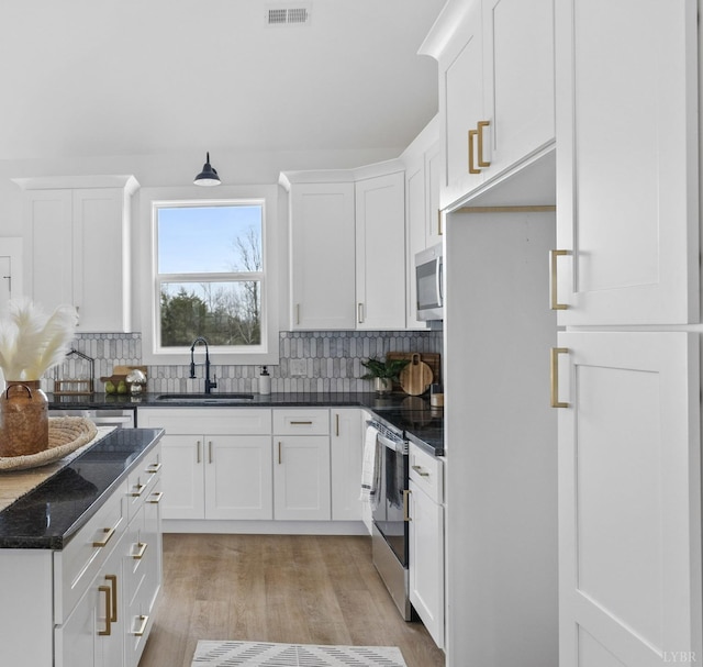 133 Fox Hall Dr, Amherst, VA 24521 - kitchen featuring a sink, appliances with stainless steel finishes, light wood-style flooring, backsplash, and white cabinetry